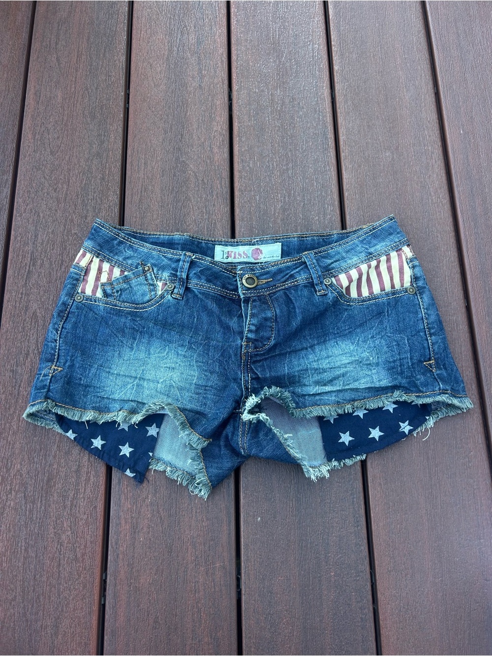 1st Kiss Distressed Denim Jean Shorts with Flag Trim - Blue
